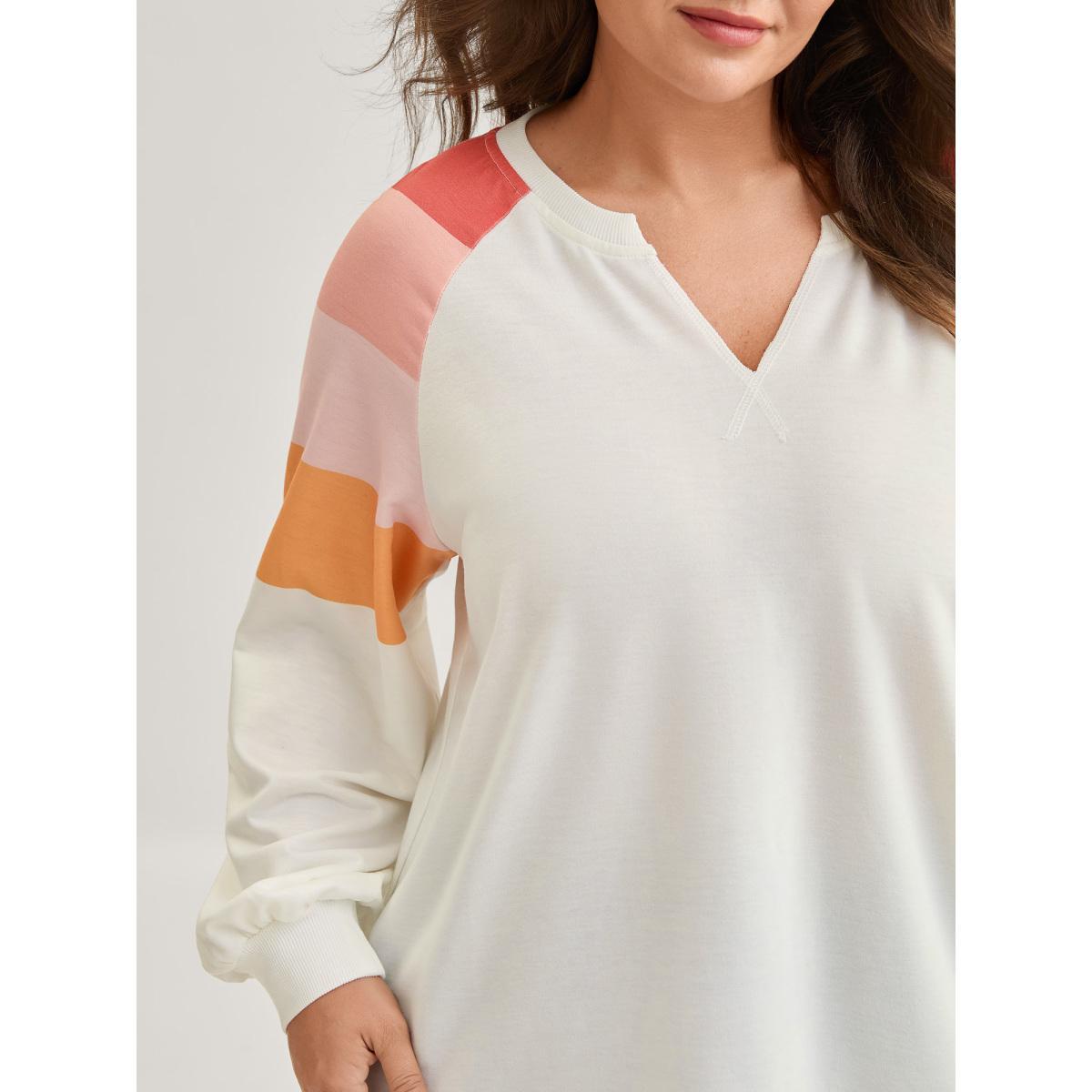 Plus Size Color Block Notched Collar Sweatshirt Women WhiteSmoke Contrast Flat collar with V-notch Everyday-Casual Sweatshirts BloomChic 22-24/3X Product Image