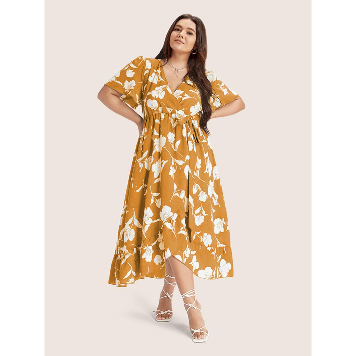 Plus Size Floral Ruffle Knot Side Wrap Dress Yellow Women Elegant Ruffles V-neck Short sleeve Curvy Midi Dress BloomChic 30/6X Product Image