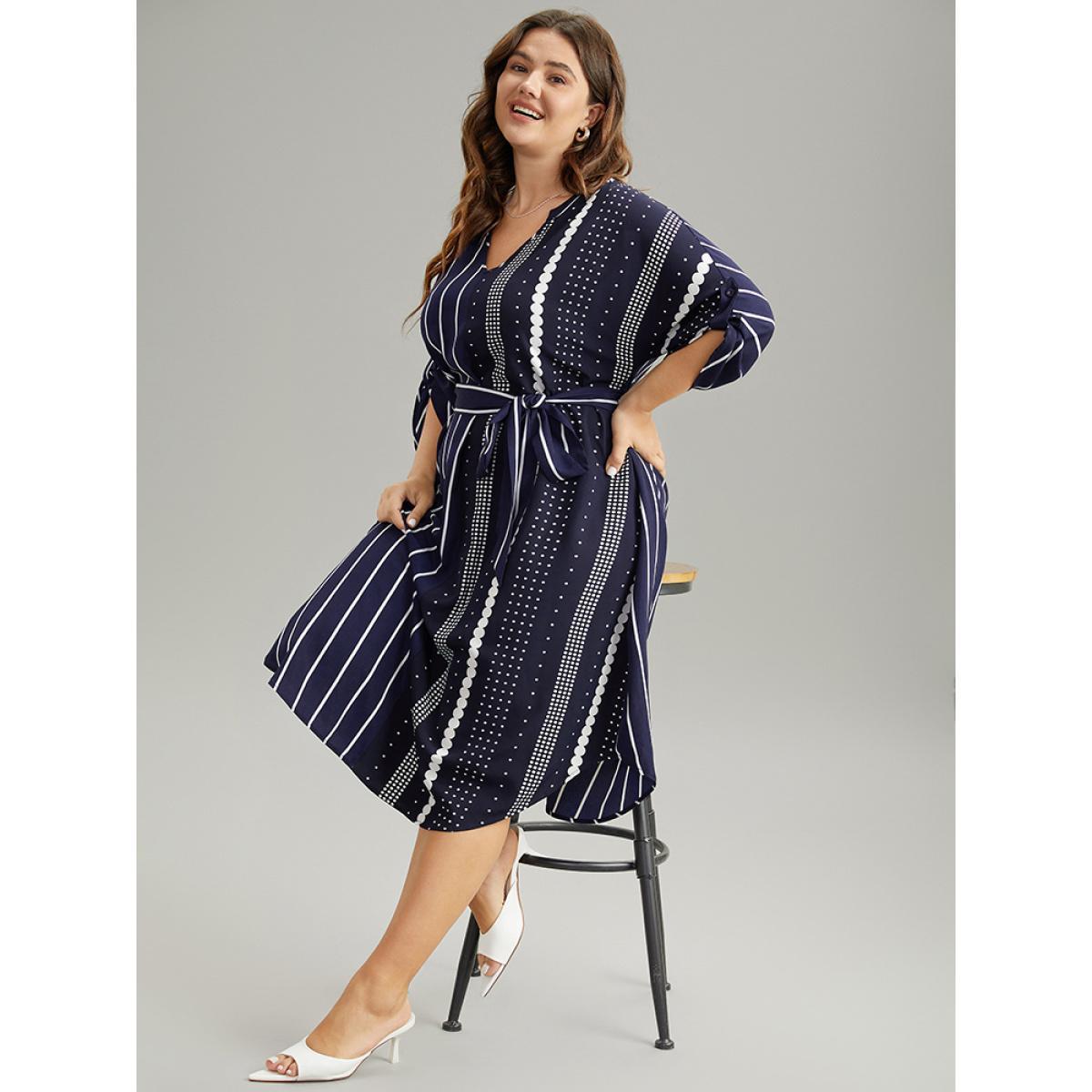 Plus Size Striped Patchwork Polka Dot Belted Notched Dress DarkBlue Women Office Belted Notched collar Elbow-length sleeve Curvy Midi Dress BloomChic 18-20/2X Product Image
