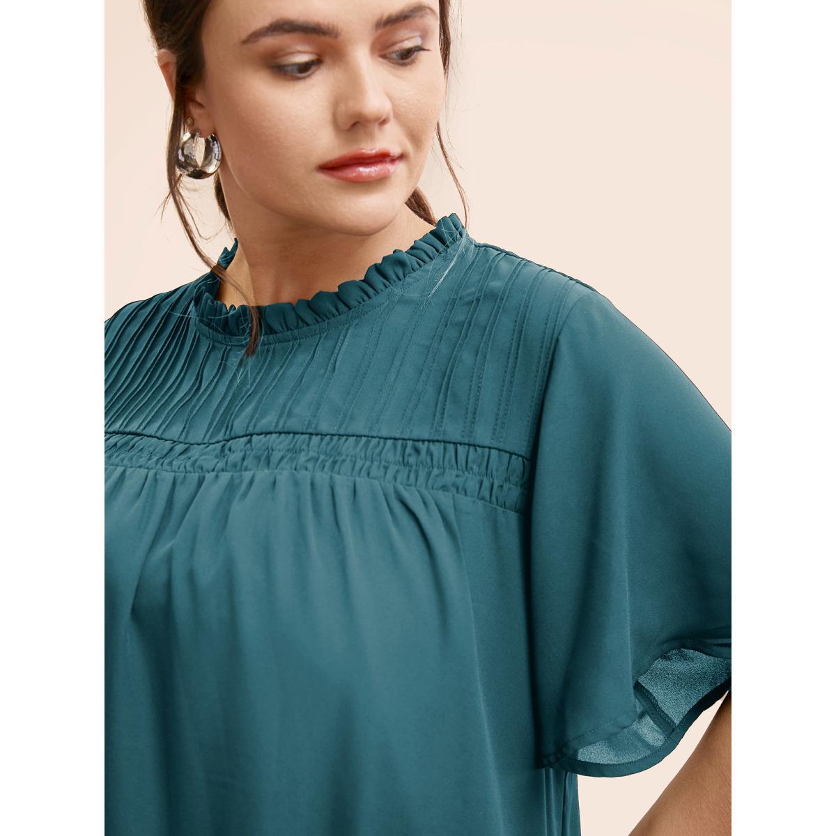 Plus Size Black Anti-Wrinkle Shirred Ruffle Sleeve Mesh Frill Trim Blouse Women Office Short sleeve Stand-up collar Work Blouses BloomChic 14-16/1X Product Image