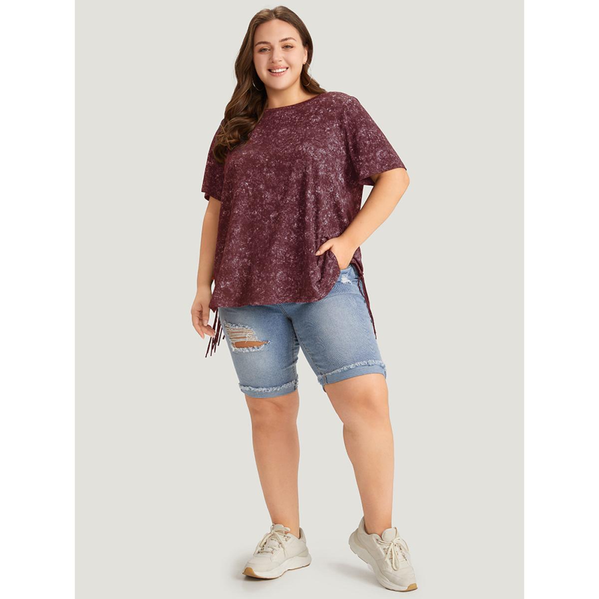 Plus Size Plain Fringe Hem Vintage T-shirt Burgundy Women Casual Tassels Plain Round Neck Dailywear T-shirts BloomChic 10/M Product Image