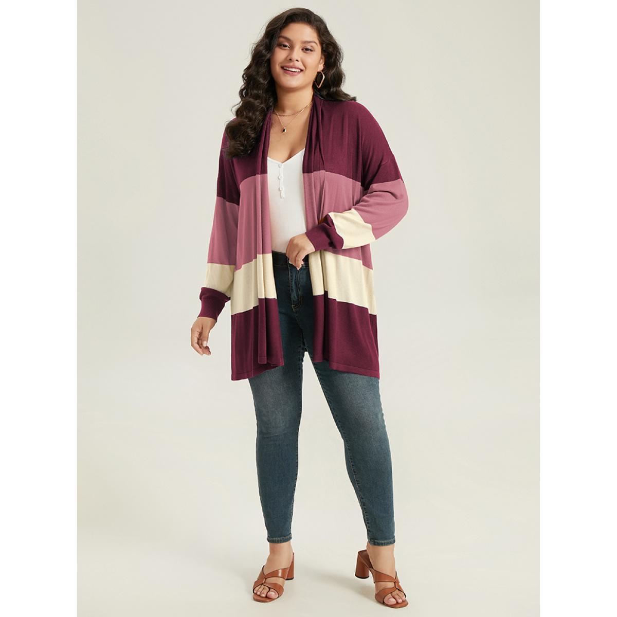 Plus Size Supersoft Essentials Colorblock Contrast Cardigan Burgundy Women Casual Loose Long Sleeve Dailywear Cardigans BloomChic 14-16/1X Product Image