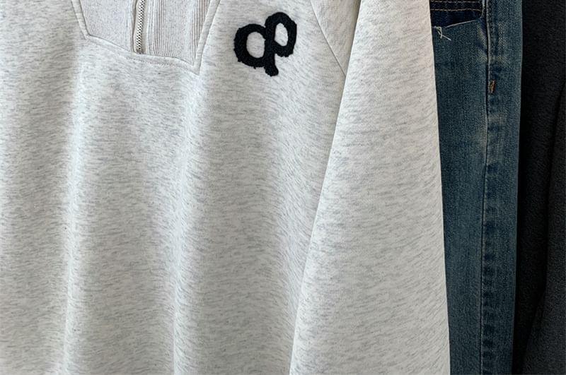 Long Sleeve Half-Zip Embroidered Plain Loose-Fit Pullover Product Image