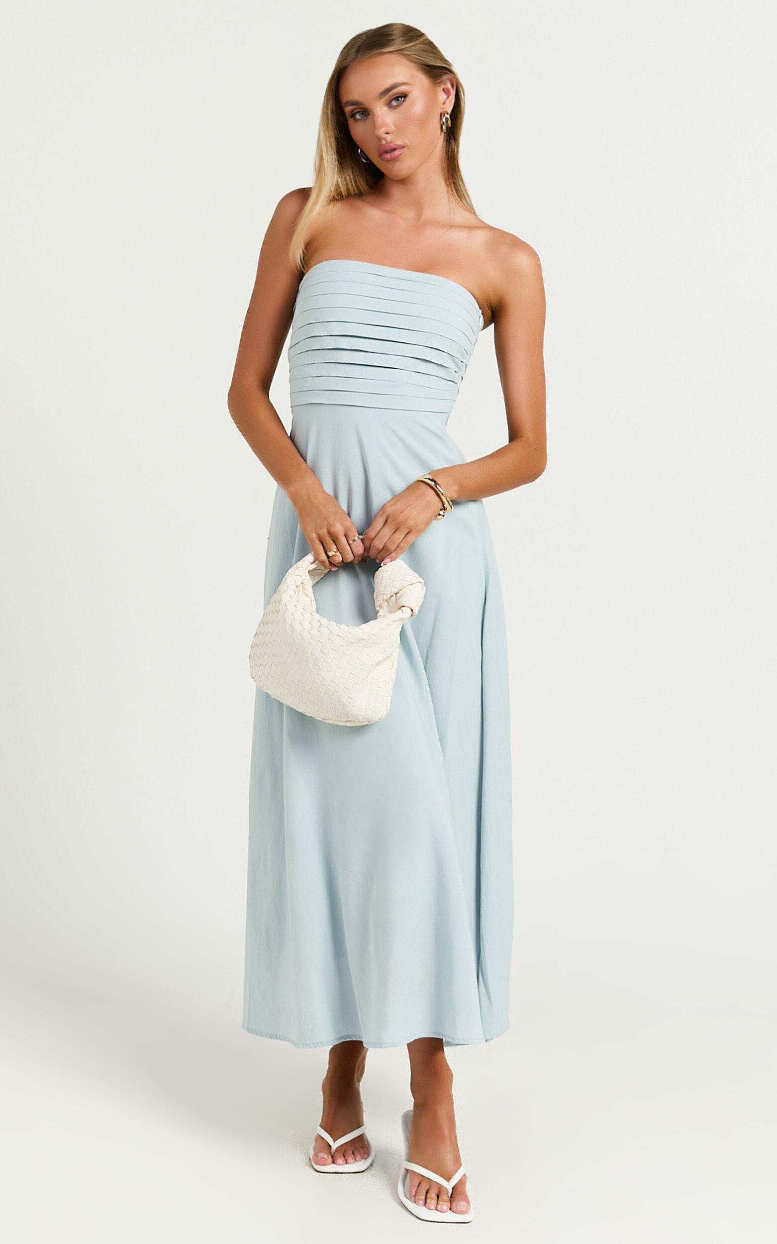 Barbra Midi Dress - Strapless Ruched Bodice Dress in Blue Product Image