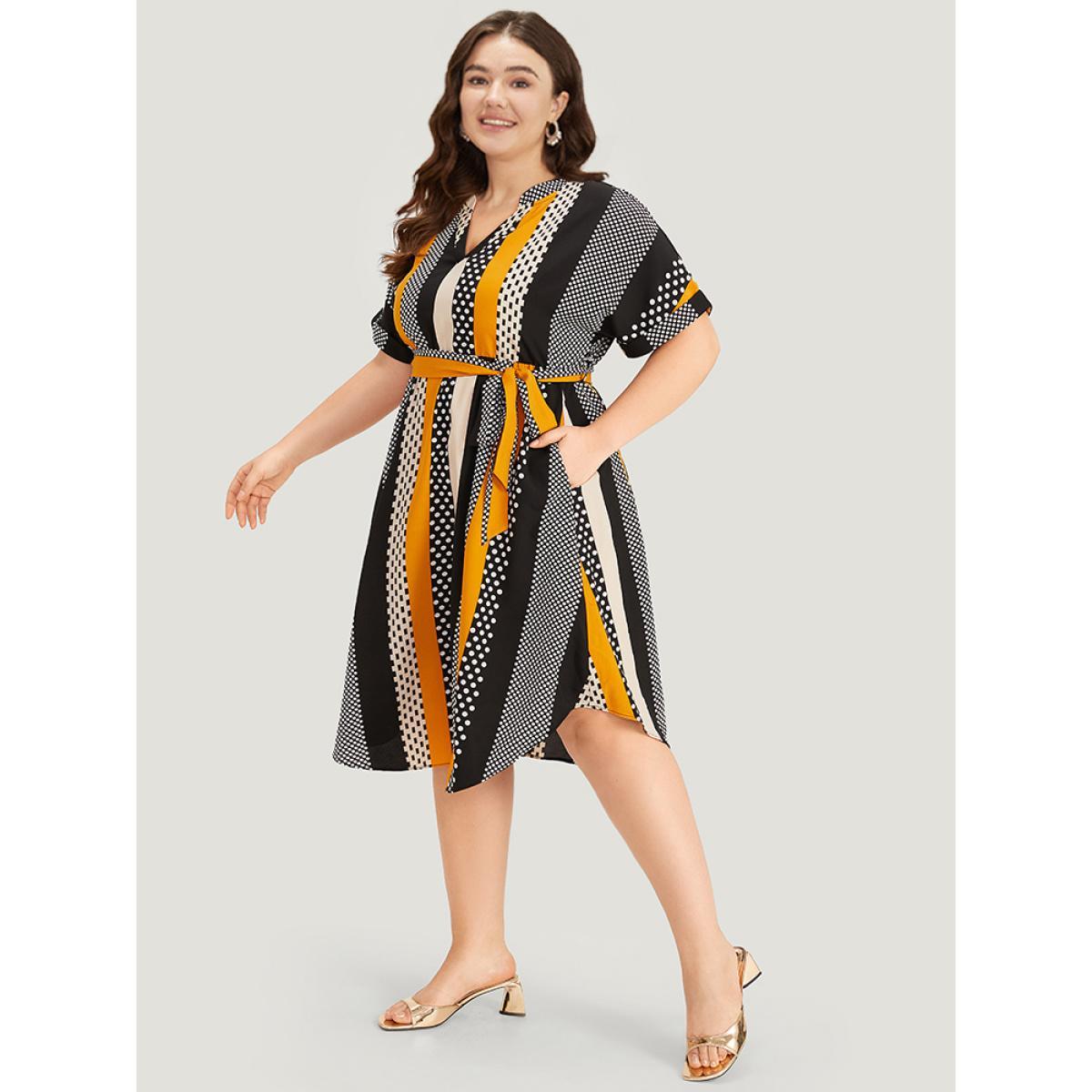 Plus Size Polka Dot Patchwork Striped Belted Notched Dress Orange Women Office Contrast Notched collar Short sleeve Curvy Midi Dress BloomChic 28/5X Product Image