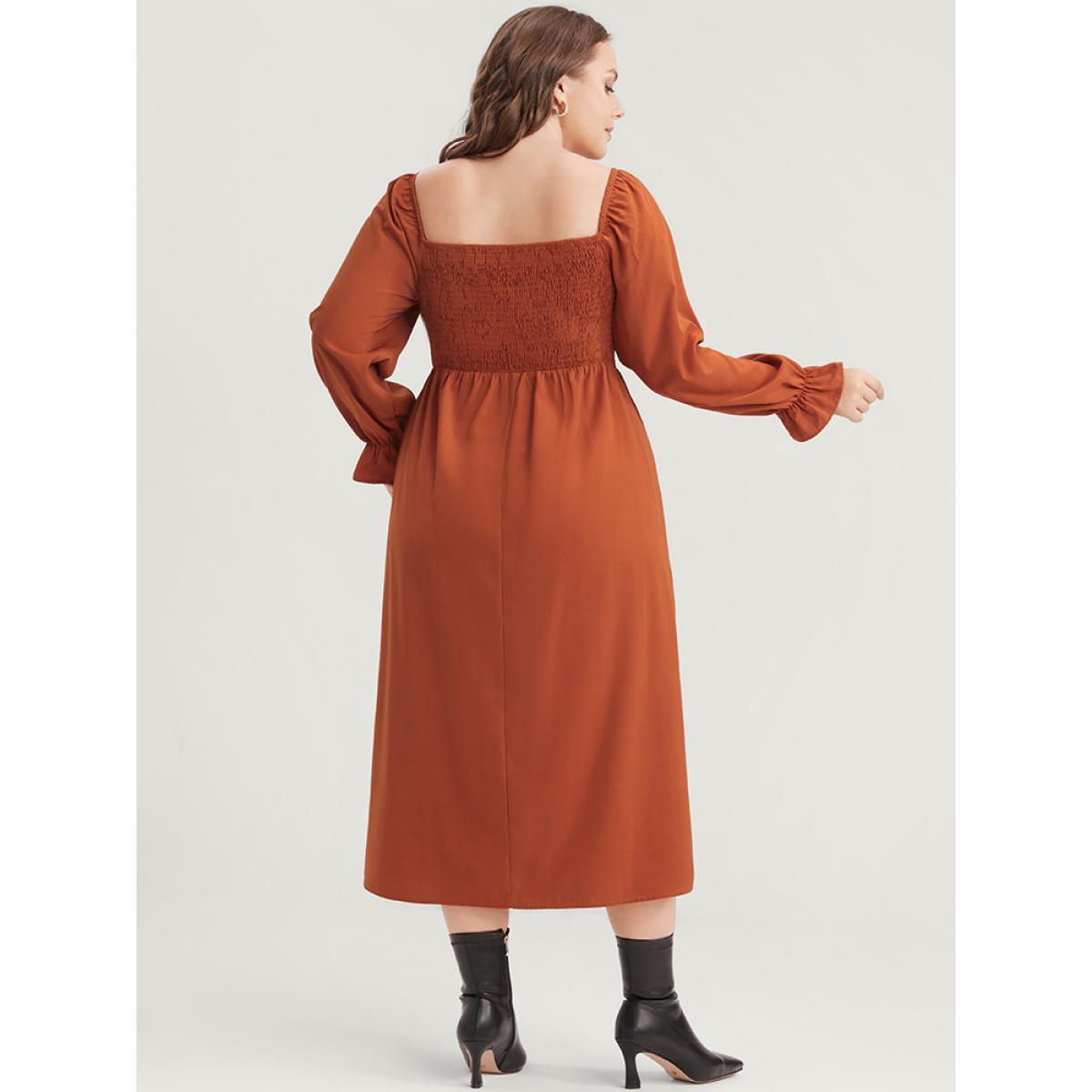 Plus Size Solid Shirred Square Neck Lantern Sleeve Split Hem Dress Rust Women Elegant Shirred Square Neck Long Sleeve Curvy Midi Dress BloomChic 18-20/2X Product Image