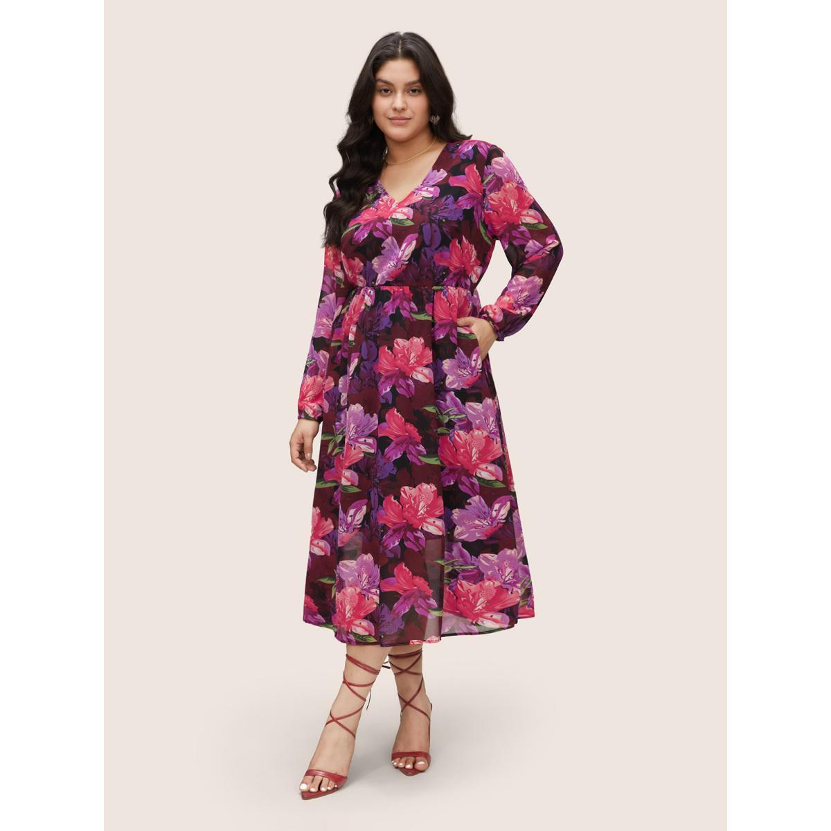Plus Size Floral Lantern Sleeve Mesh Elastic Waist Dress RedViolet Women Elegant Non V-neck Long Sleeve Curvy Midi Dress BloomChic 30/6X Product Image