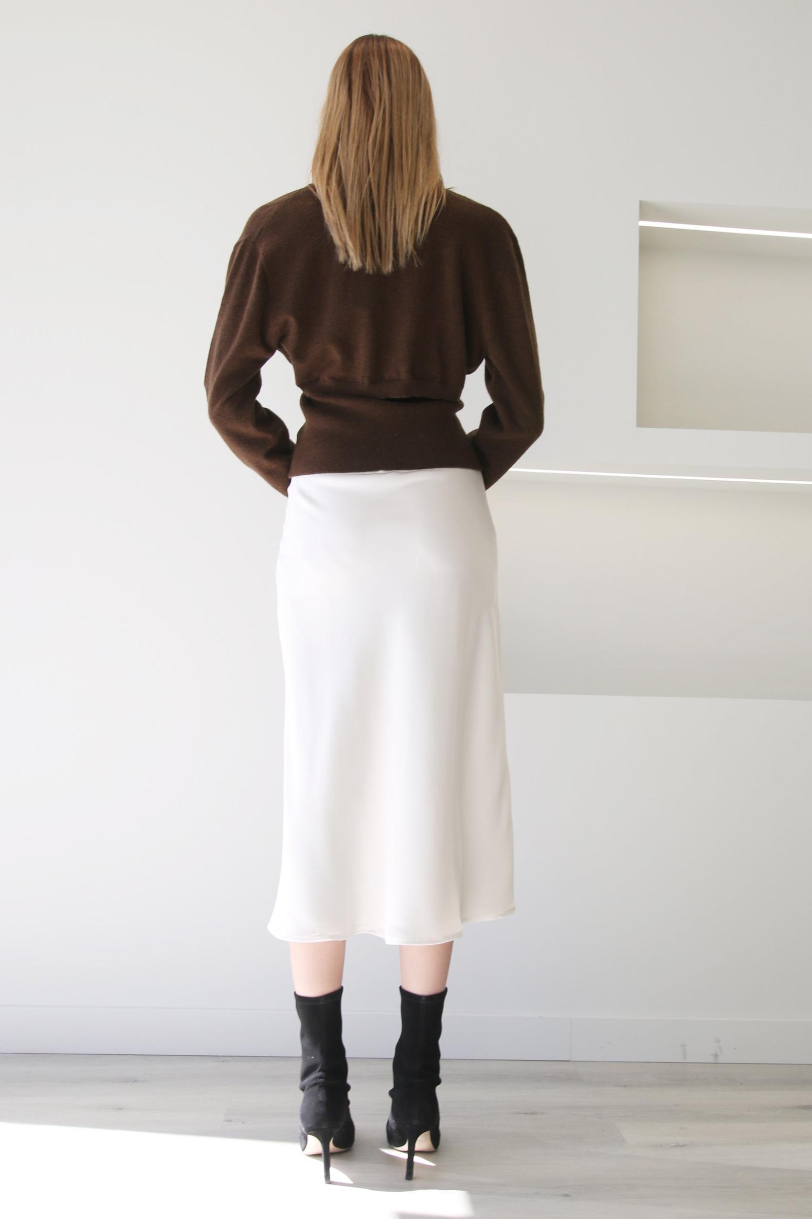 High Waist A-Line Midi Satin Skirt Ivory Product Image