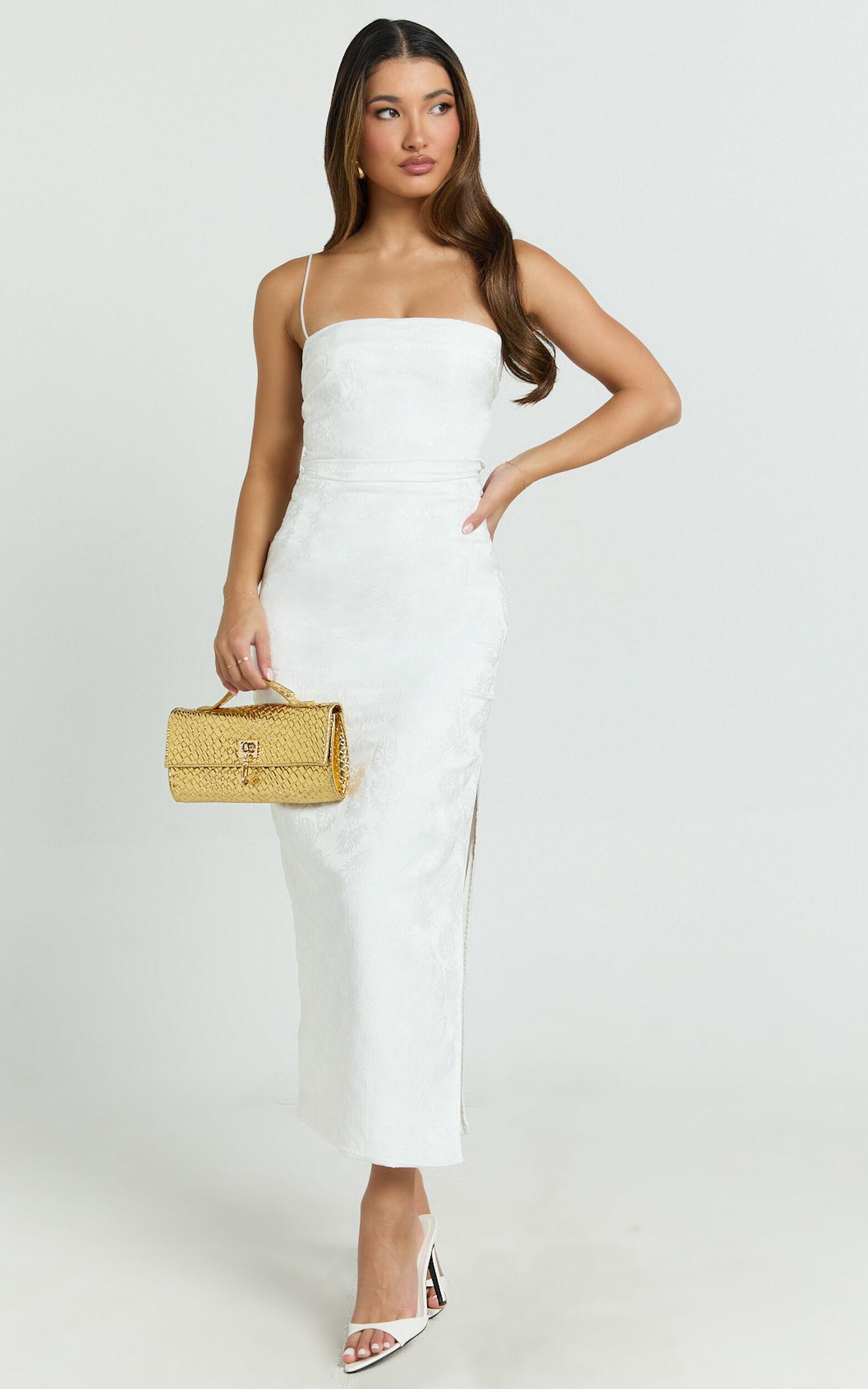 Indiana Midi Dress - Jacquard Square Neck Lace Back Fitted Dress in White Product Image
