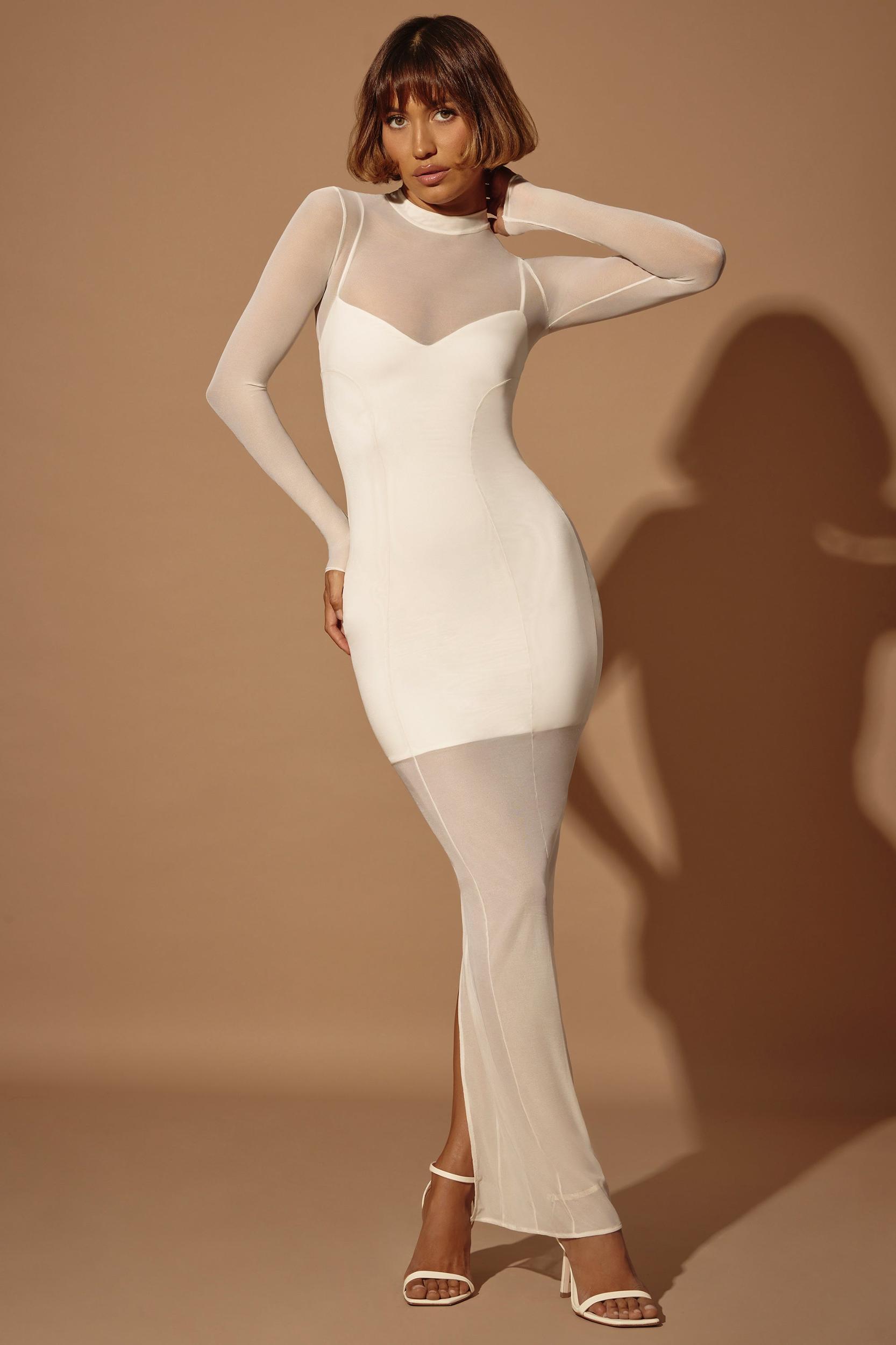 Long Sleeve Sheer Layered Maxi Dress in Ivory Product Image