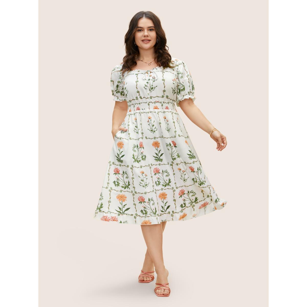Plus Size Boho Print Tie Knot Shirred Lantern Sleeve Dress Originalwhite Women Elegant Square Neck Short sleeve Curvy BloomChic 26/4X Product Image