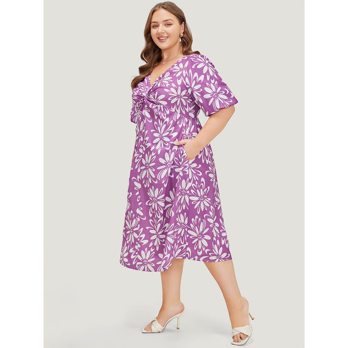 Plus Size Floral Print Puff Sleeve Pocket Twist Front Dress Lilac Women Elegant V-neck Short sleeve Curvy Midi Dress BloomChic 14-16/1X Product Image