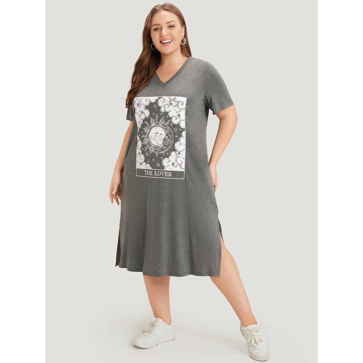 Plus Size Horoscope Print Pocket Split Dress Gray Women Casual Pocket Curvy Midi Dress BloomChic 14-16/1X Product Image
