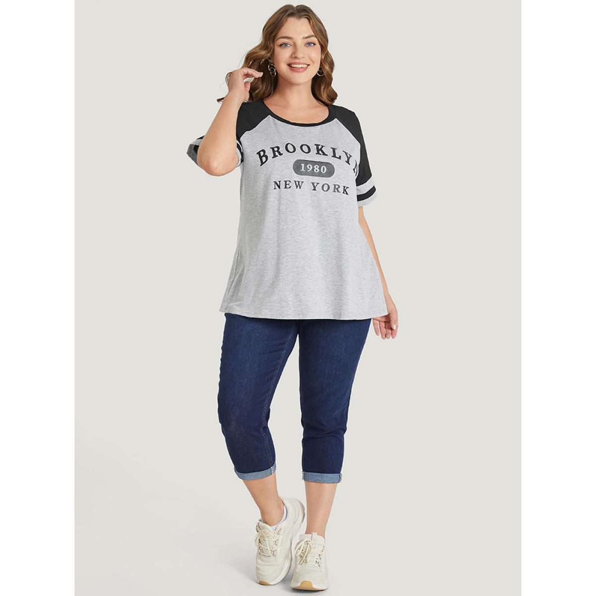 Plus Size Letter Print Contrast Raglan Sleeve Graphic Tee LightGray Women Casual Striped Dailywear T-shirts BloomChic 14-16/1X Product Image