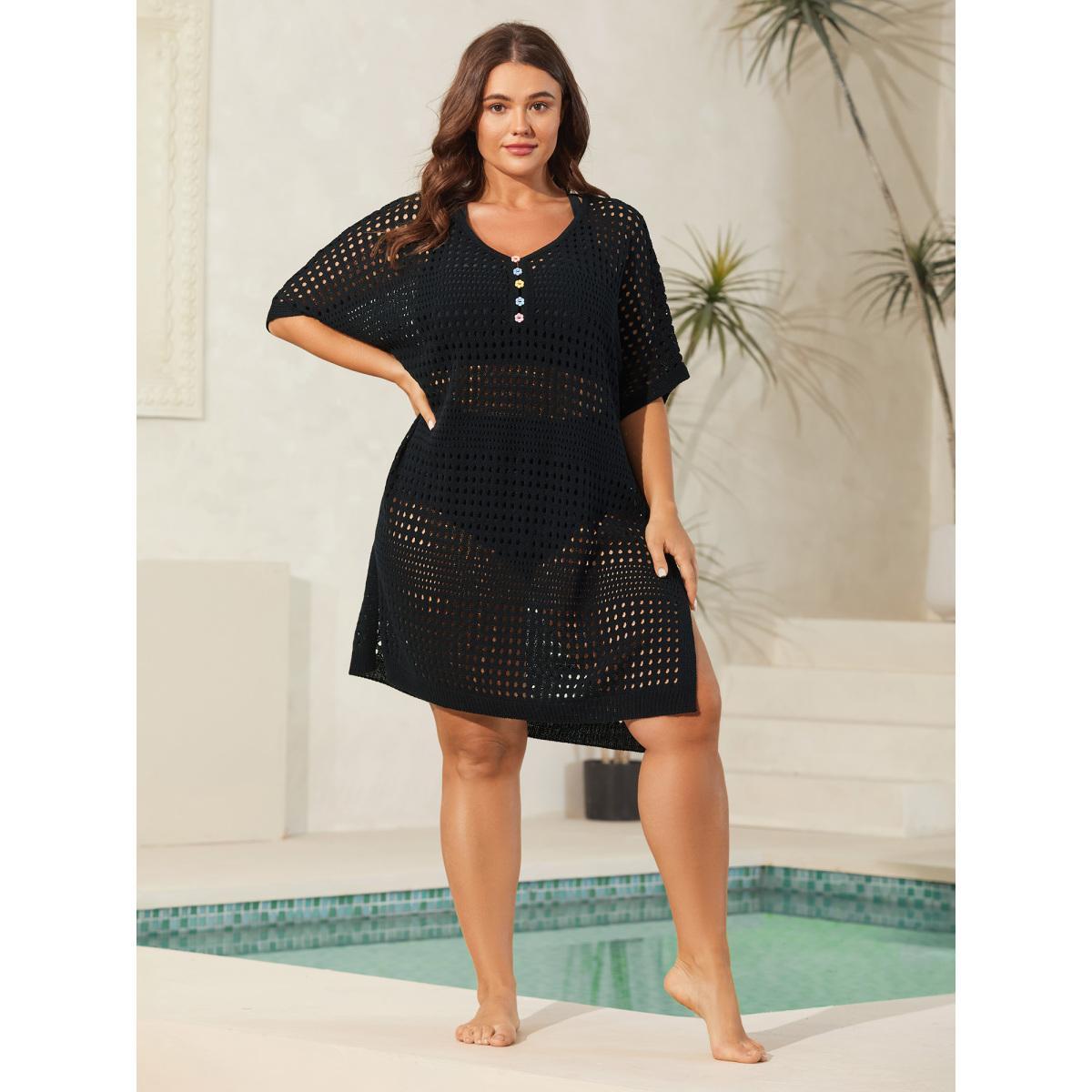 Plus Size Cut-Out Textured Buttons Swim Cover-Up Women's Swimwear Black Beach Loose Texture Curve Swim Cover Ups BloomChic 12/L Product Image