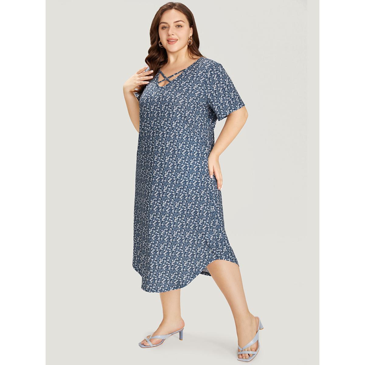 Plus Size Ditsy Floral Pocket Curved Hem Knotted Dress Stone Women Casual Arc Hem V-neck Short sleeve Curvy Midi Dress BloomChic 26/4X Product Image