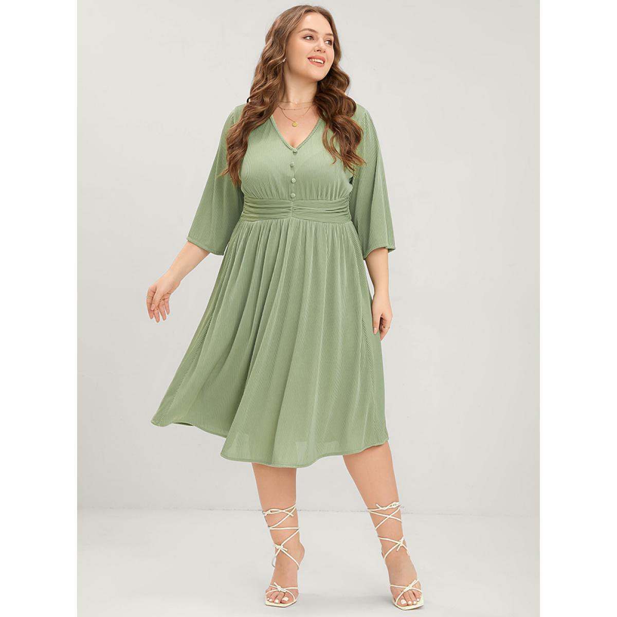 Plus Size Plain Button Detail Pocket Ruched Rib Knit Flutter Dress Moss Women Elegant Plain V-neck Long Sleeve Curvy Midi Dress BloomChic 14-16/1X Product Image