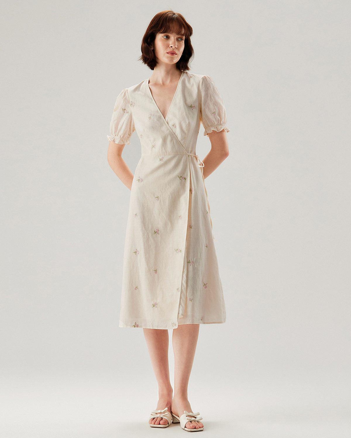 Beige Embroidery Puffed Sleeve Wrap Midi Dress Product Image