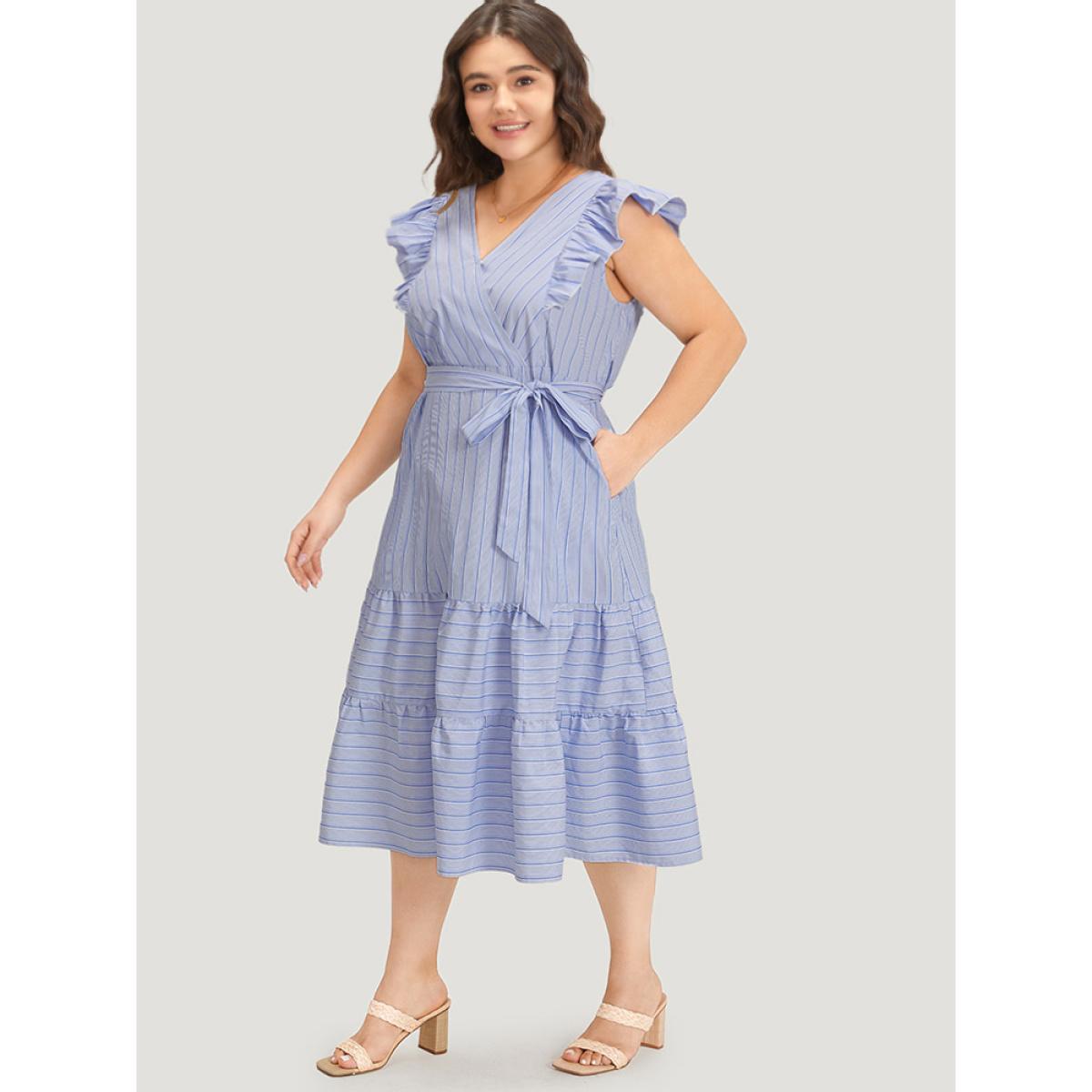 Plus Size Striped Surplice Neck Belted Ruffle Cap Sleeve Dress Stone Women Vacation Belted V-neck Cap Sleeve Curvy Midi Dress BloomChic 28/5X Product Image