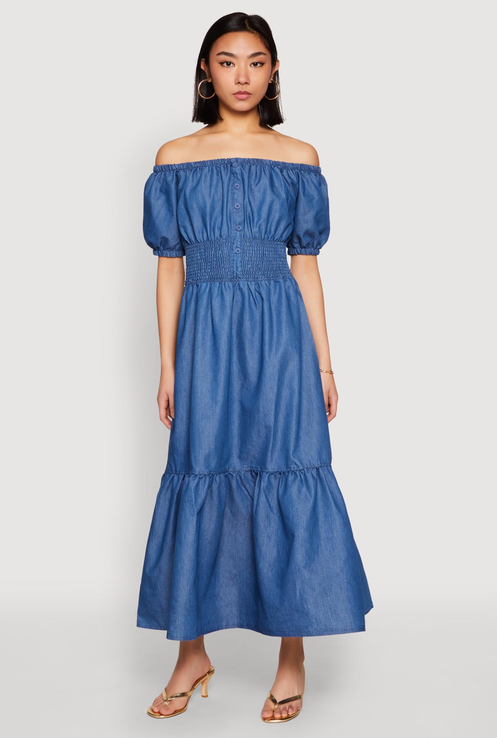 Womens Chambray Smocked Off The Shoulder Maxi Dress Product Image
