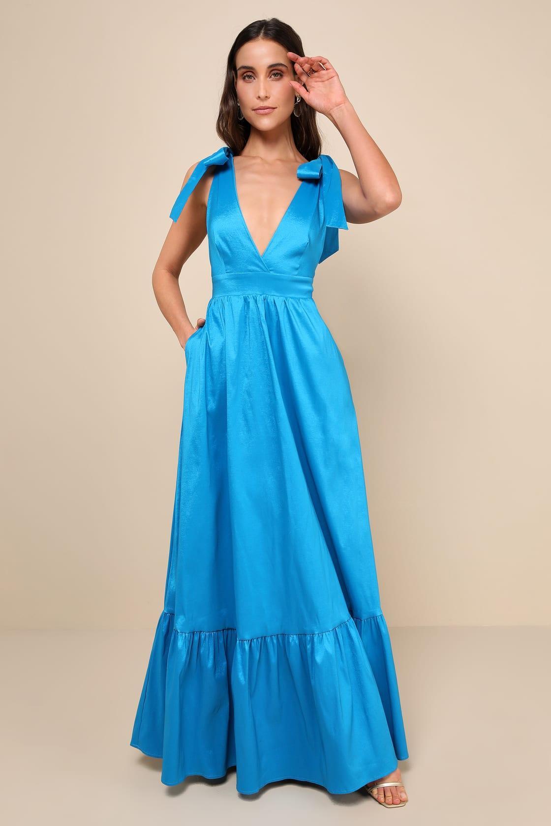 Rare Charm Teal Blue Taffeta Tie-Strap Maxi Dress With Pockets Product Image