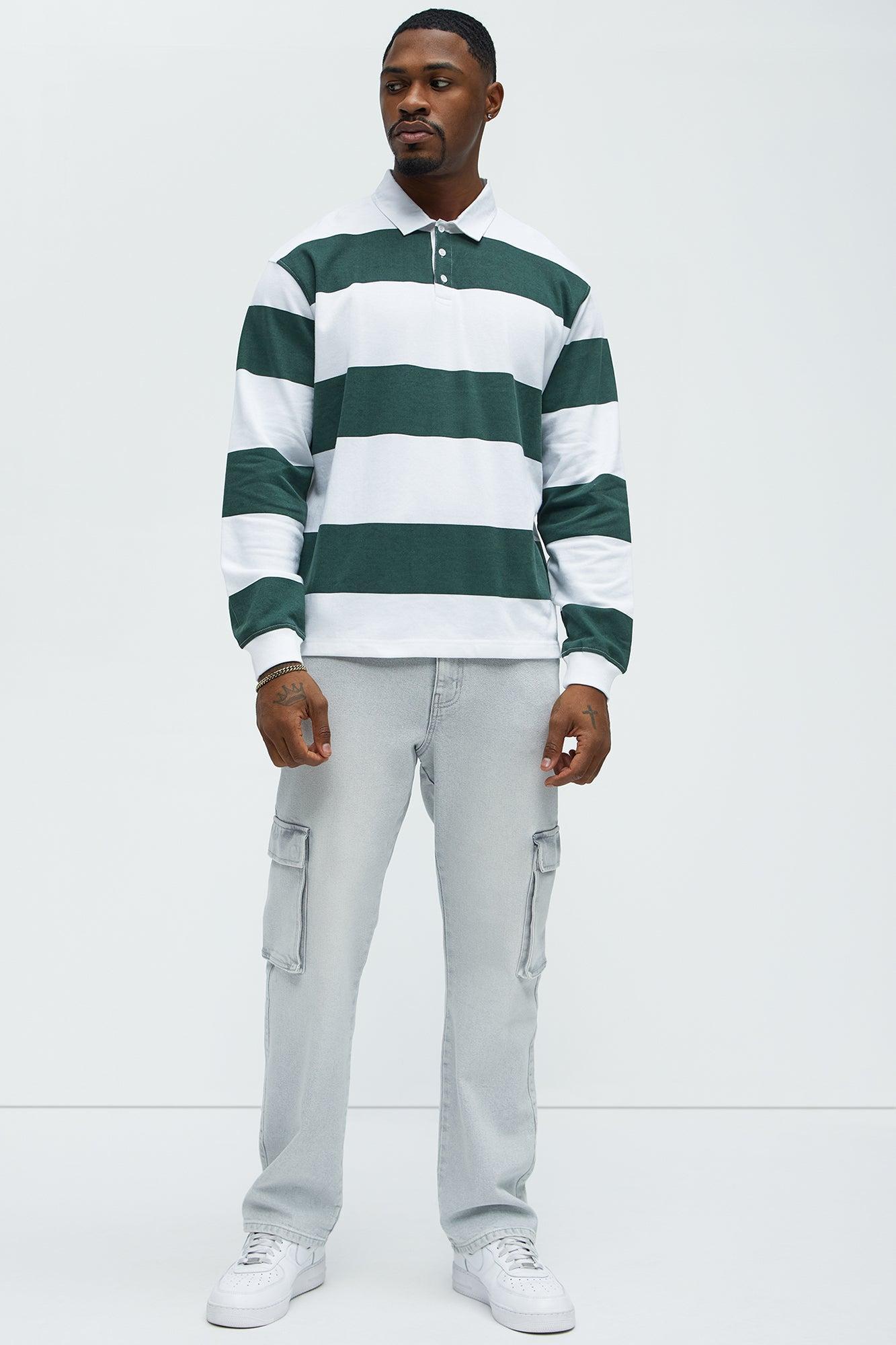 Striped Long Sleeve Rugby Polo Shirt - Green/combo Product Image