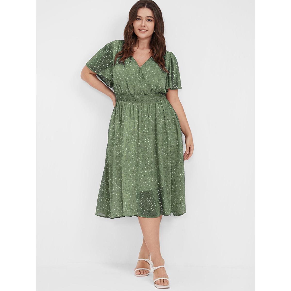 Polka Dot Printed Plus Size Women Midi Dress Dailywear Ruffle Sleeve Short Sleeve V Neck Pocket Elegance Dresses BloomChic Product Image