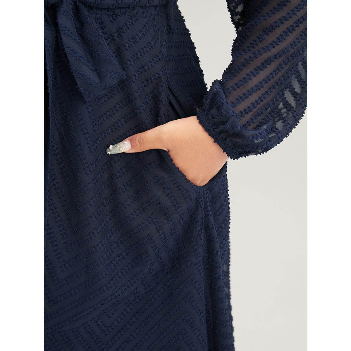 Plus Size Solid Geometric Wrap Pocket Belted Asymmetrical Hem Dress DarkBlue Women Glamour Plain V-neck Long Sleeve Curvy Long Dress BloomChic 26/4X Product Image