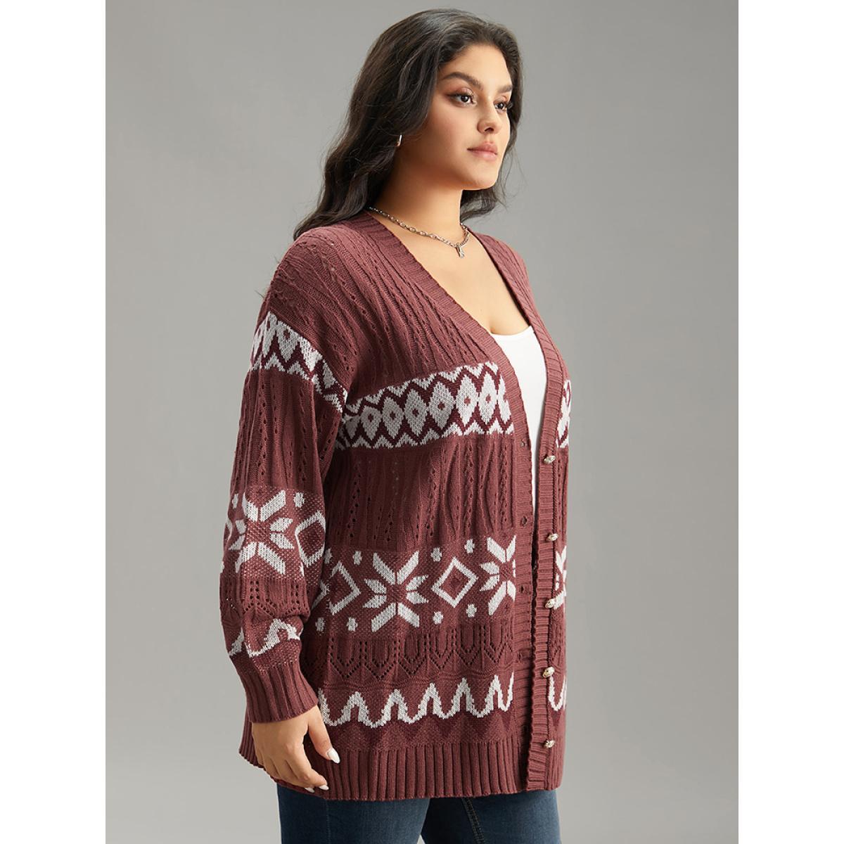 Plus Size Bandana Print Eyelet Metal Button Fly Cardigan Rust Women Casual Loose Long Sleeve Dailywear Cardigans BloomChic 22-24/3X Product Image