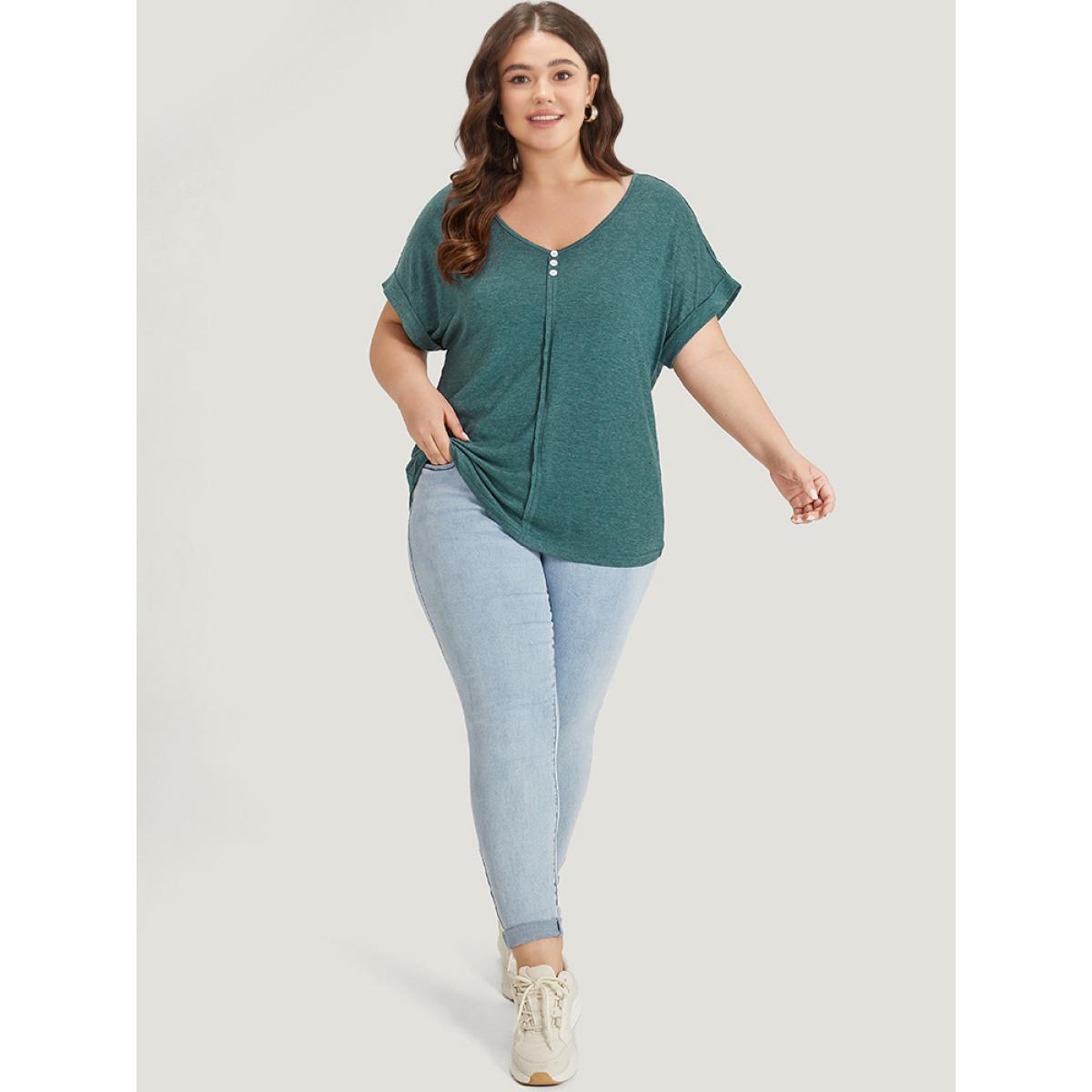 Plus Size Plain V Neck Button Detail Roll Dolman Sleeve T-shirt Cyan Women Casual Plain Plain V-neck Dailywear T-shirts BloomChic 26/4X Product Image