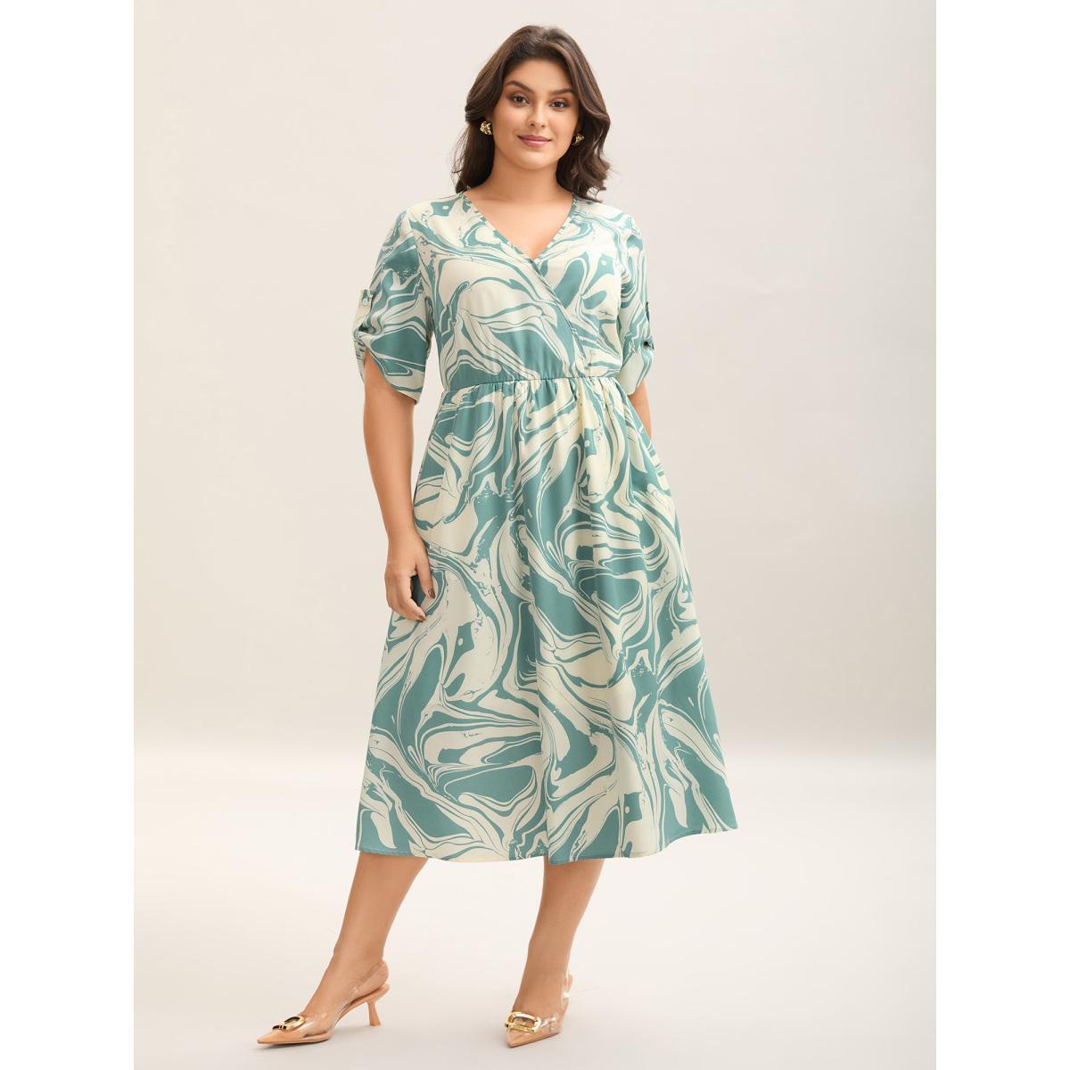 Plus Size Abstract Print Gathered Sleeve Midi Dress Mint Women Overlap Collar Short sleeve Curvy BloomChic 22-24/3X Product Image
