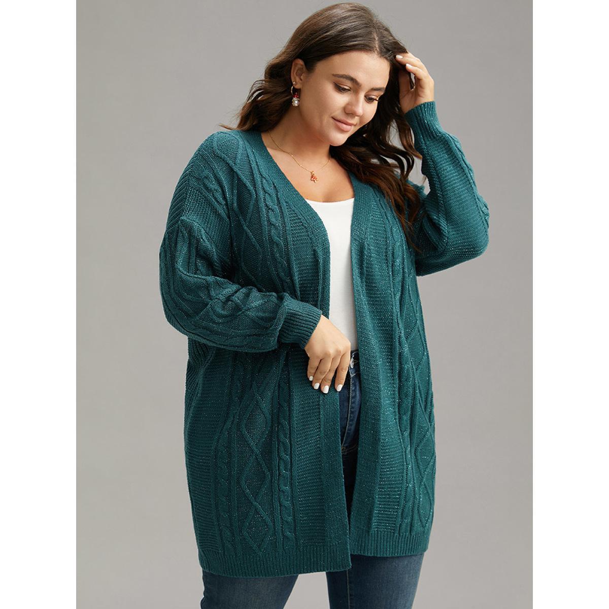 Plus Size Plain Cable Knit Luxe Open Front Cardigan Cyan Women Casual Loose Long Sleeve Dailywear Cardigans BloomChic 12/L Product Image