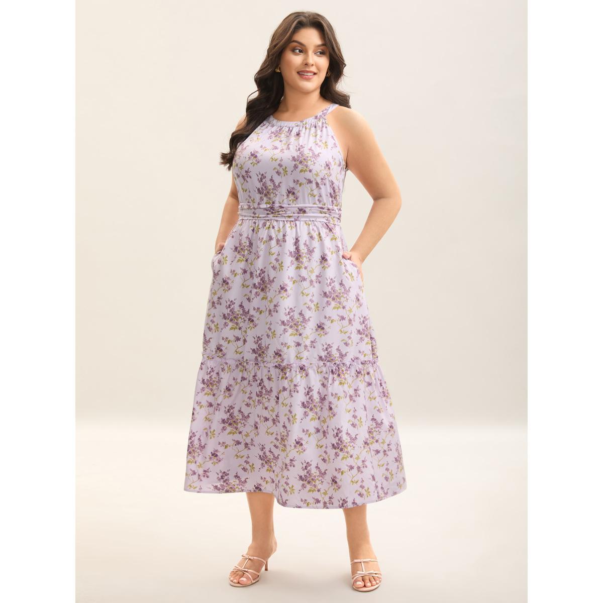Plus Size Ditsy Floral Print Pleated Tiered Maxi Dress Lilac Women Round Neck Sleeveless Curvy BloomChic 12/L Product Image