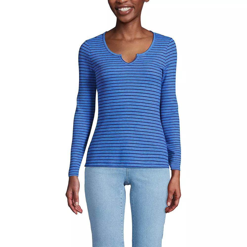 Women's Lands' End Waffle Notch Neck Top, Size: XS, Blue Breton Stripe Product Image
