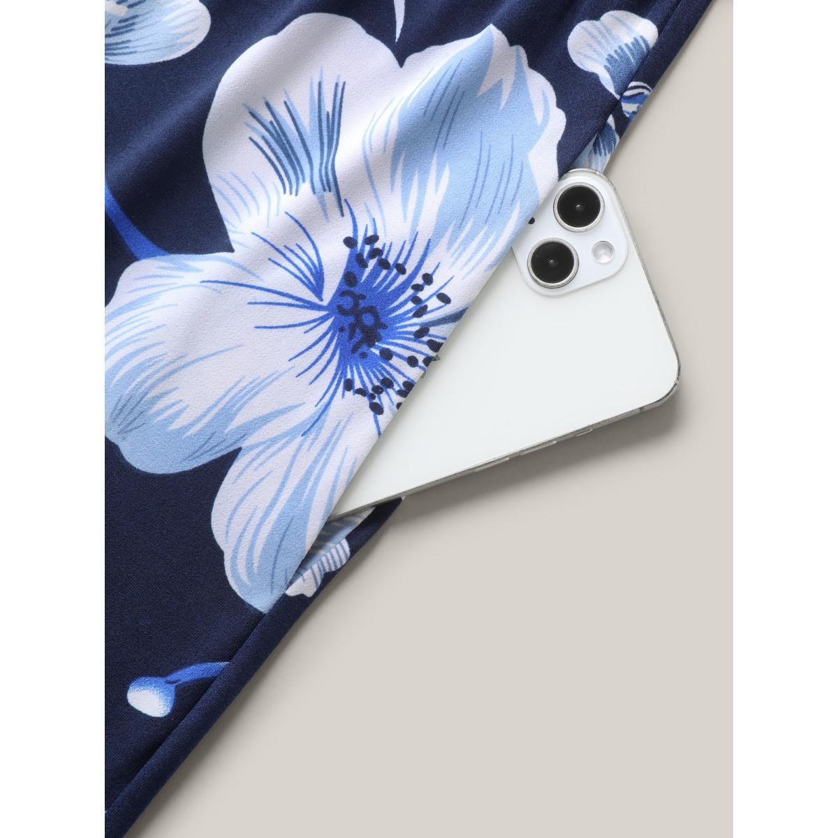 Plus Size DarkBlue Floral Print Knit Surplice Neck Jumpsuit Women Elegant Short sleeve Overlap Collar Everyday-Elegant Loose Jumpsuits BloomChic 12/L Product Image