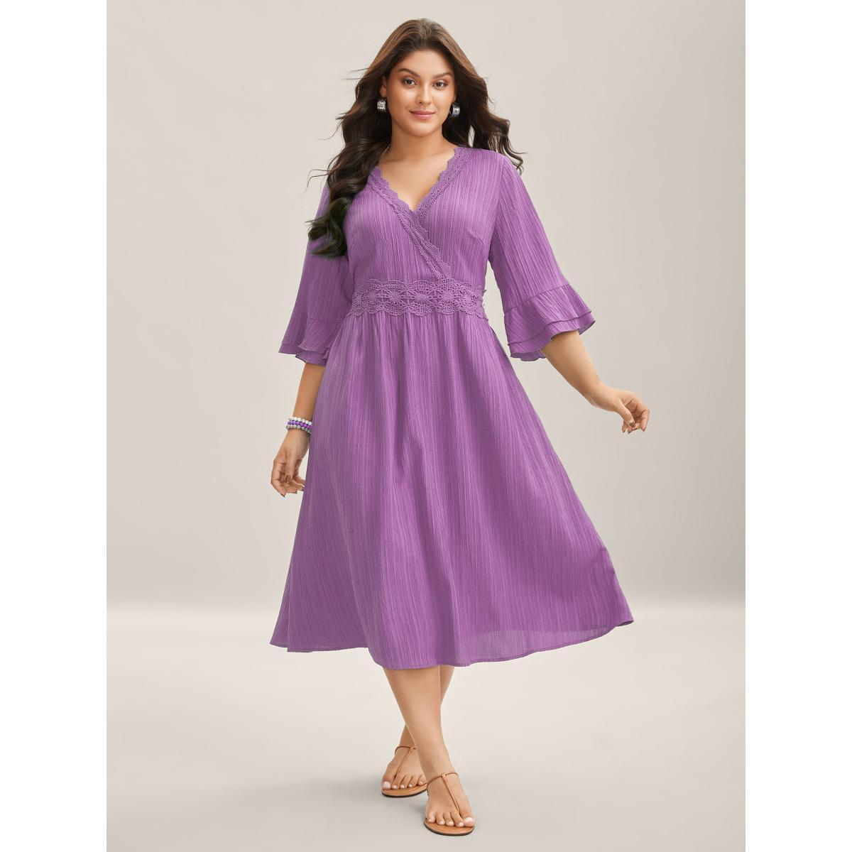 Plus Size Scalloped Lace Surplice Ruffled Midi Dress Lilac Women Overlap Collar Elbow-length sleeve Curvy BloomChic 14-16/1X Product Image