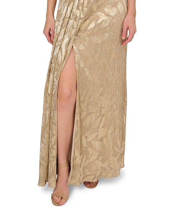 Adrianna Papell Foiled Leaf Print Surplice V-Neck Short Flutter Sleeve Gown Product Image