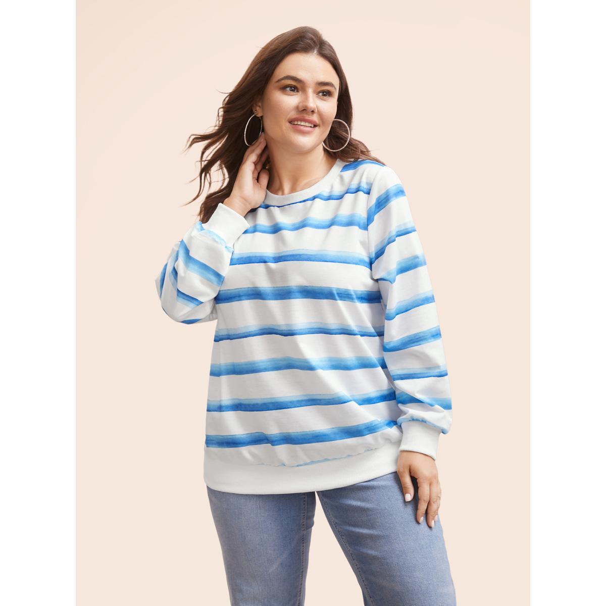 Plus Size Striped Patchwork Round Neck Sweatshirt Women Originalwhite Casual Contrast Round Neck Everyday Sweatshirts BloomChic 26/4X Product Image