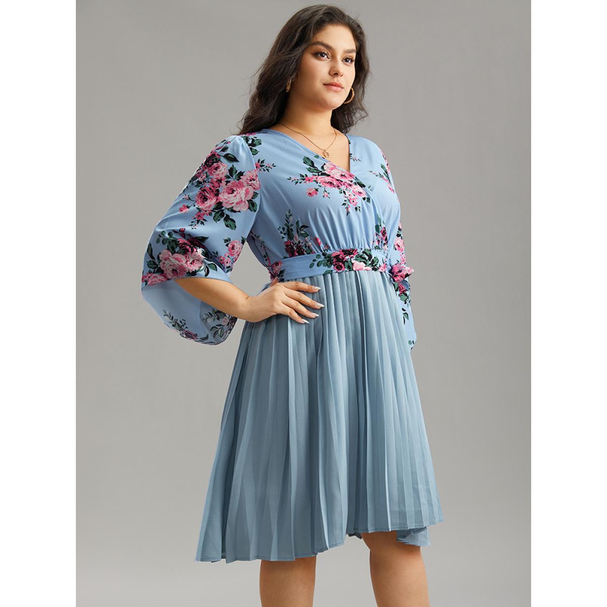 Plus Size Floral Print Bell Sleeve Belted Pleated Hem Dress LightBlue Women Elegant Wrap Overlap Collar Elbow-length sleeve Curvy Knee Dress BloomChic 26/4X Product Image