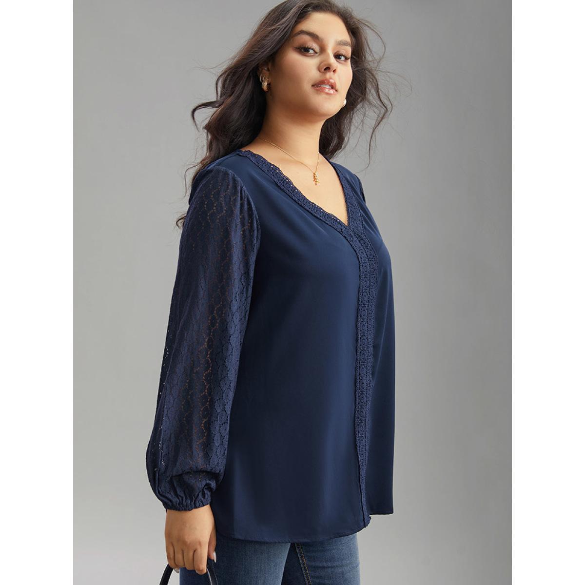 Plus Size Indigo V Neck Guipure Lace Lantern Sleeve Blouse Women Office Long Sleeve V-neck Work Blouses BloomChic 30/6X Product Image
