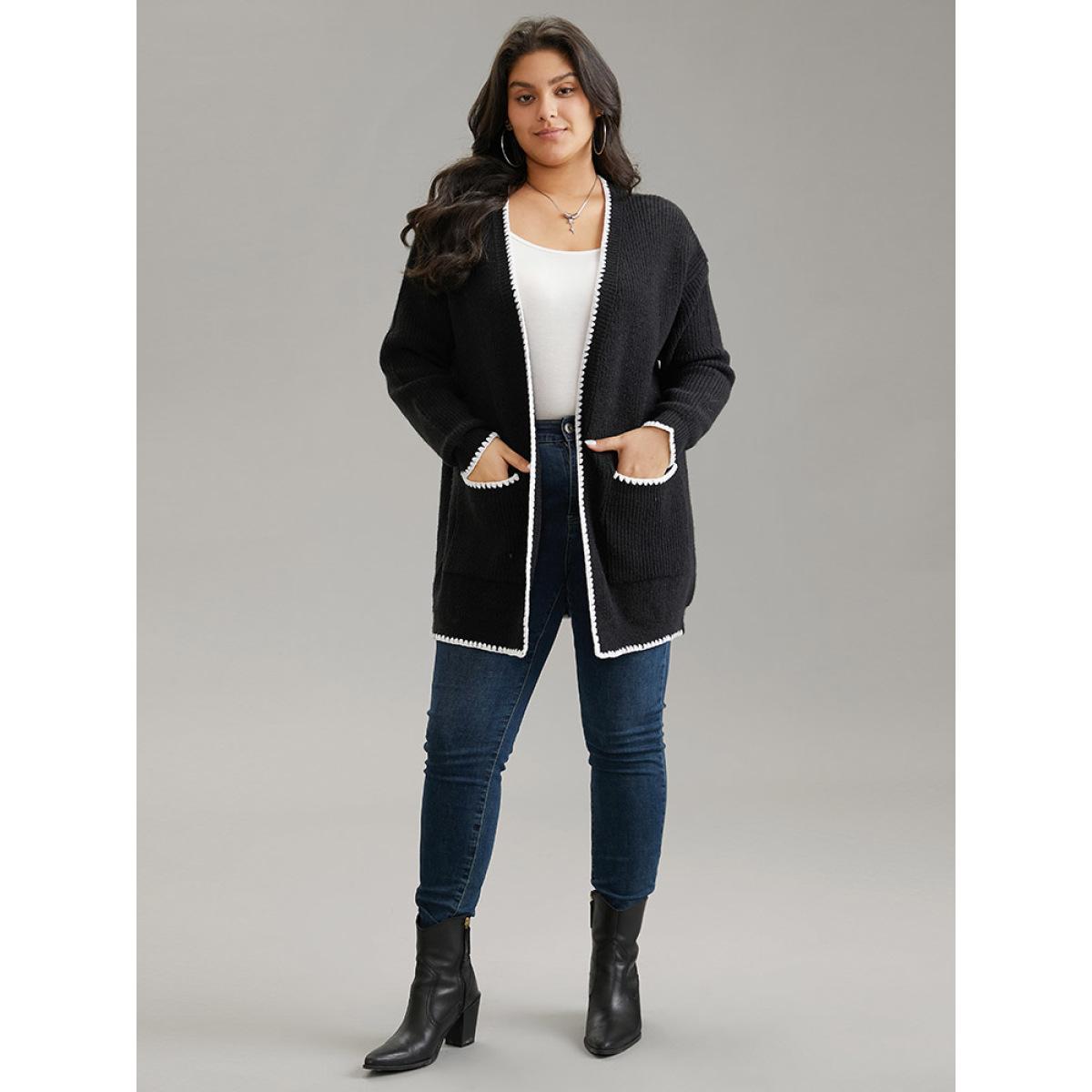 Plus Size Supersoft Essentials Contrast Trim Open Front Pocket Knit Cardigan Black Women Casual Loose Long Sleeve Dailywear Cardigans BloomChic 14-16/1X Product Image