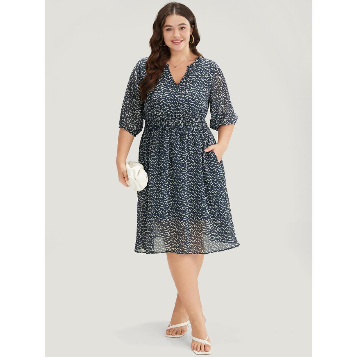 Plus Size Bird Print Notched Shirred Lantern Sleeve Dress Blue Women Office Elastic cuffs Notched collar Half Sleeve Curvy Midi Dress BloomChic 30/6X Product Image