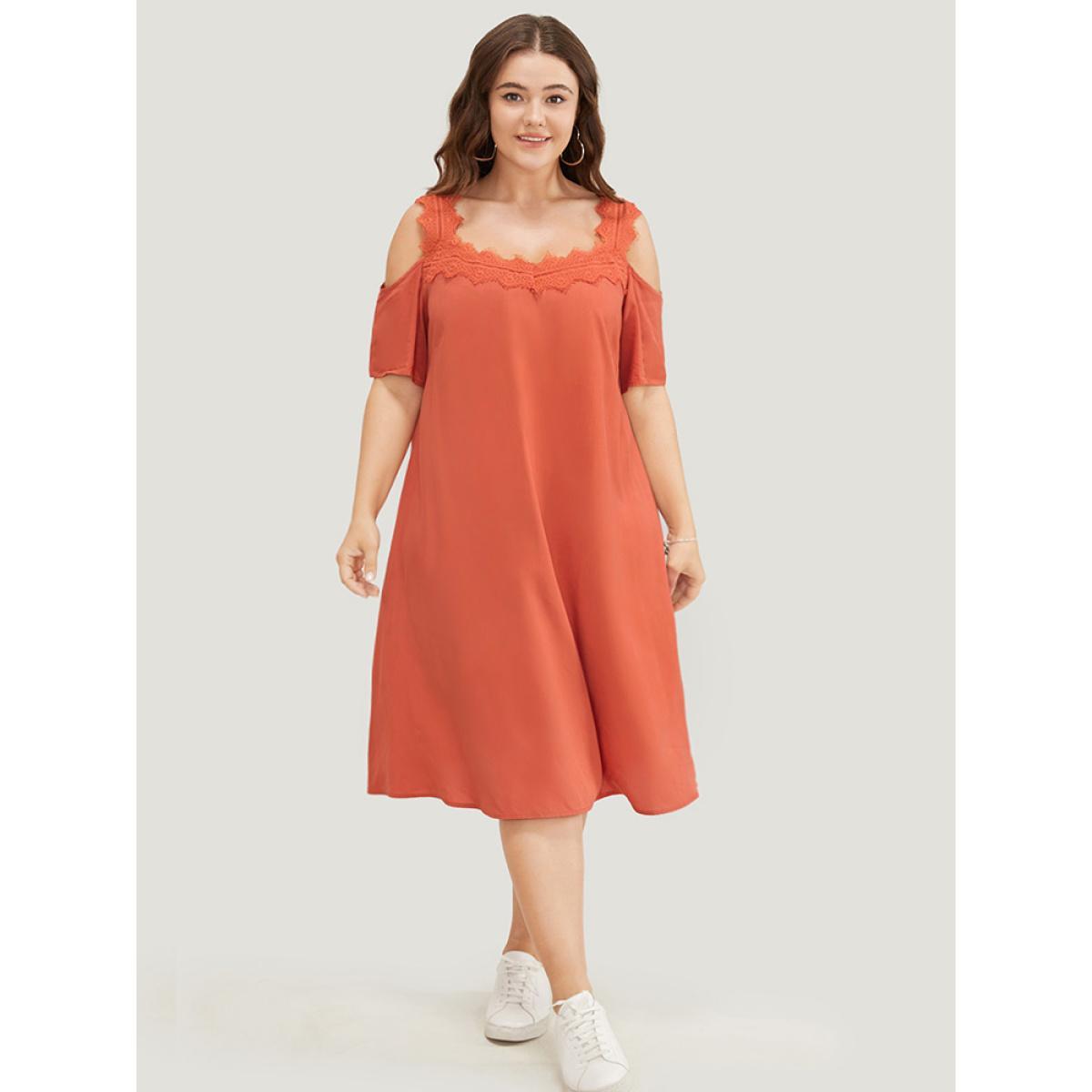 Plus Size Solid Contrast Lace Pocket Cold Shoulder Midi Dress Coral Women Casual Lace Cold Shoulder Short sleeve Curvy Midi Dress BloomChic 18-20/2X Product Image