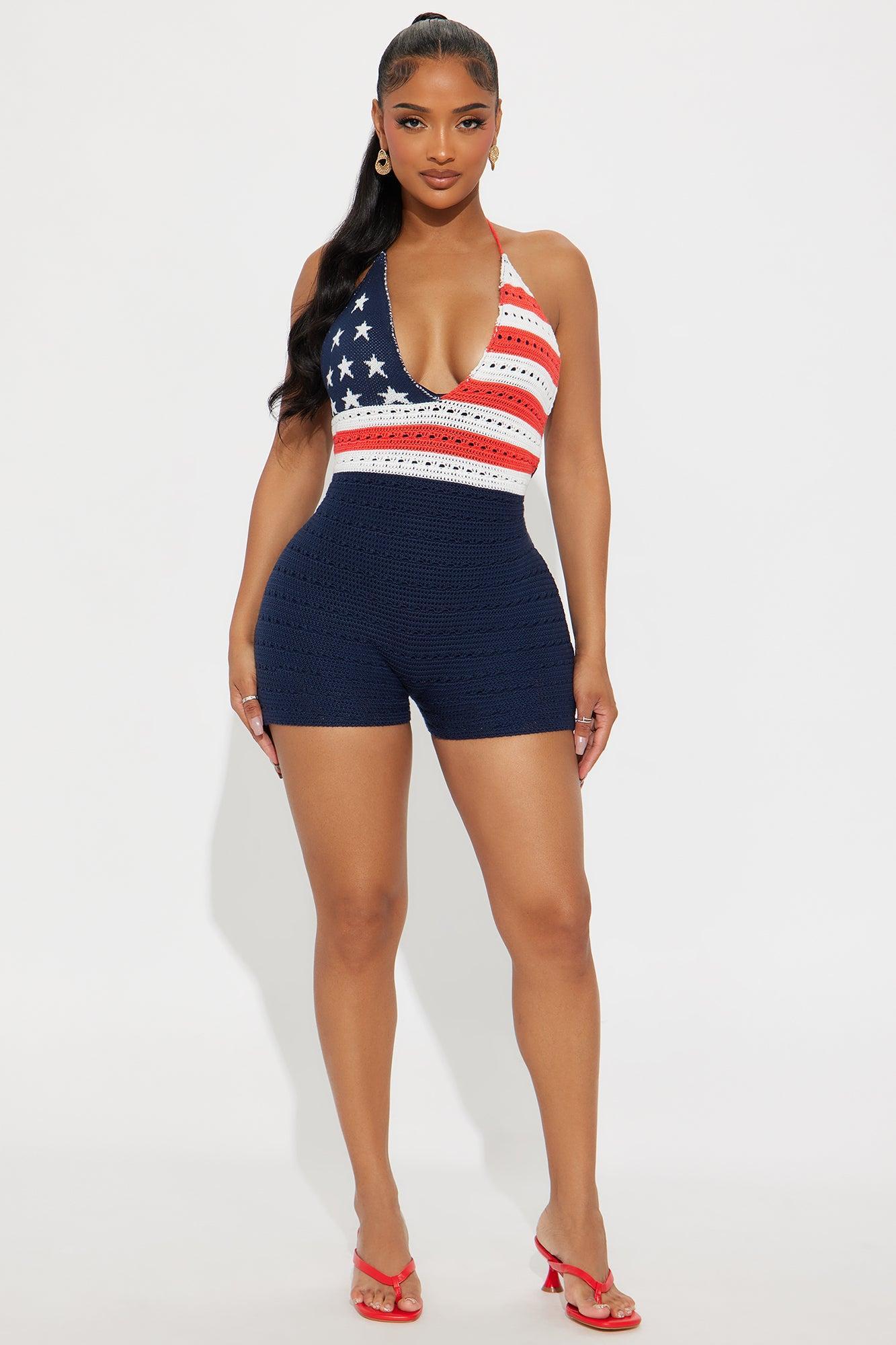 Stars & Stripes Crochet Romper - Navy/combo Product Image