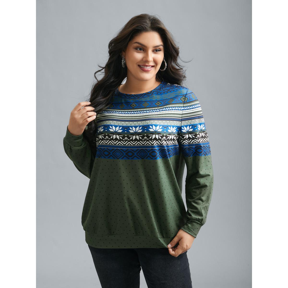 Plus Size Round Neck Geometric Polka Dot Patchwork Sweatshirt Women Multicolor Casual Contrast Round Neck Everyday Sweatshirts BloomChic 22-24/3X Product Image