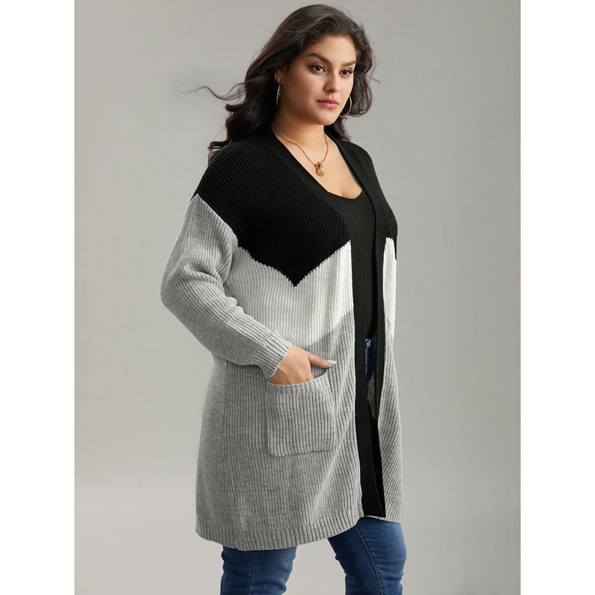 Plus Size Colorblock Contrast Pocket Open Front Cardigan DarkGray Women Casual Loose Long Sleeve Dailywear Cardigans BloomChic 28/5X Product Image
