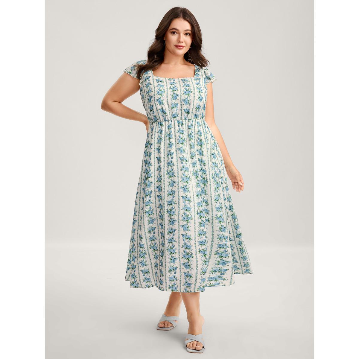 Plus Size Floral Stripe Flutter Sleeve Maxi Dress Mediumblue Women Heart neckline Cap Sleeve Curvy BloomChic 30/6X Product Image