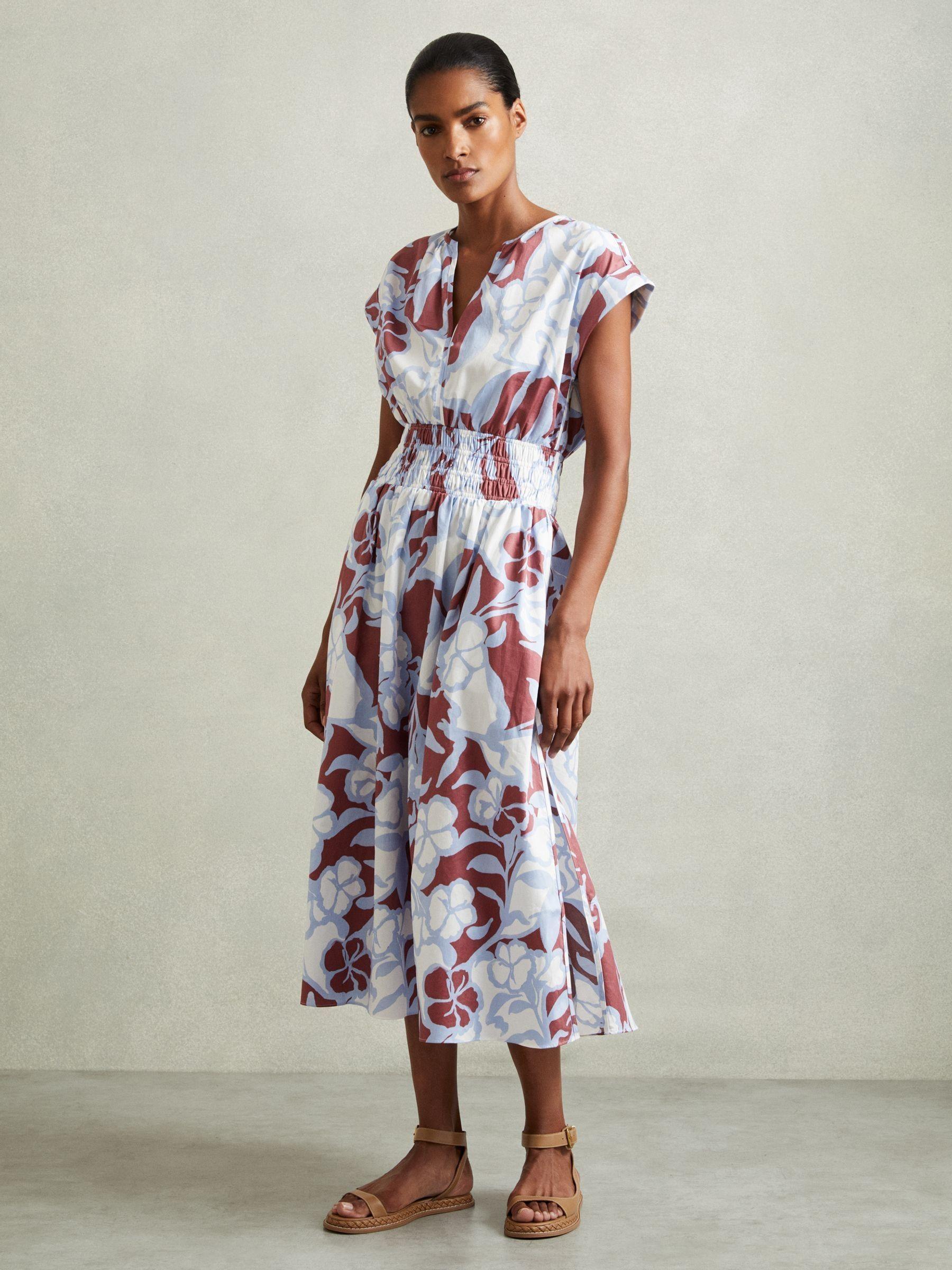 100% Cotton Poplin Floral-Print Midi Dress in Blue Product Image