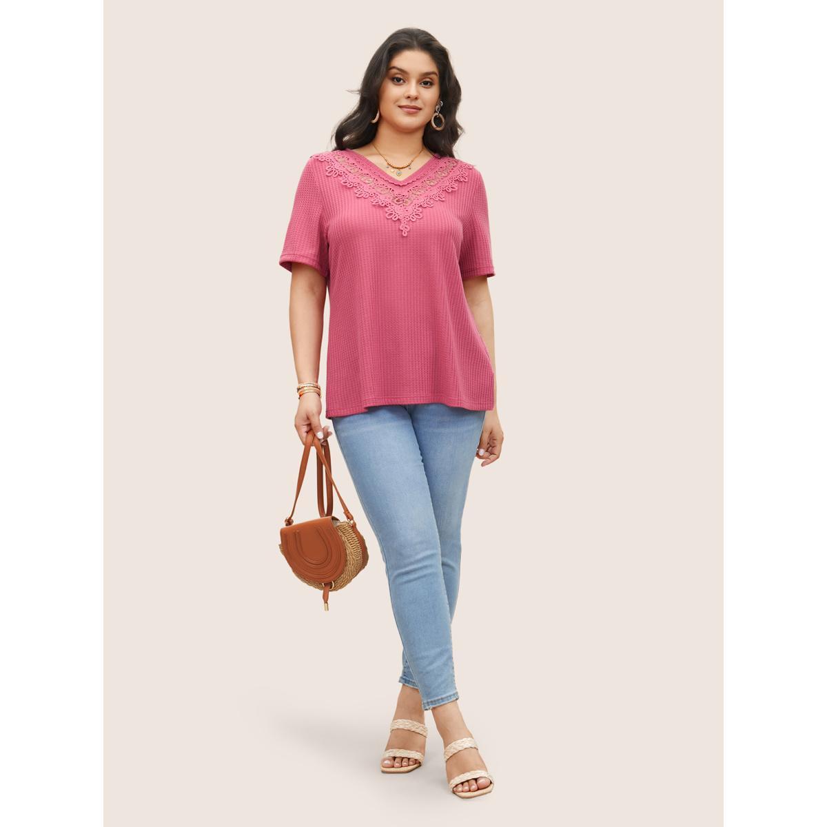 Plus Size Solid Waffle Knit Lace Panel T-shirt RedViolet Women Elegant Woven ribbon&lace trim V-neck Everyday T-shirts BloomChic 18-20/2X Product Image