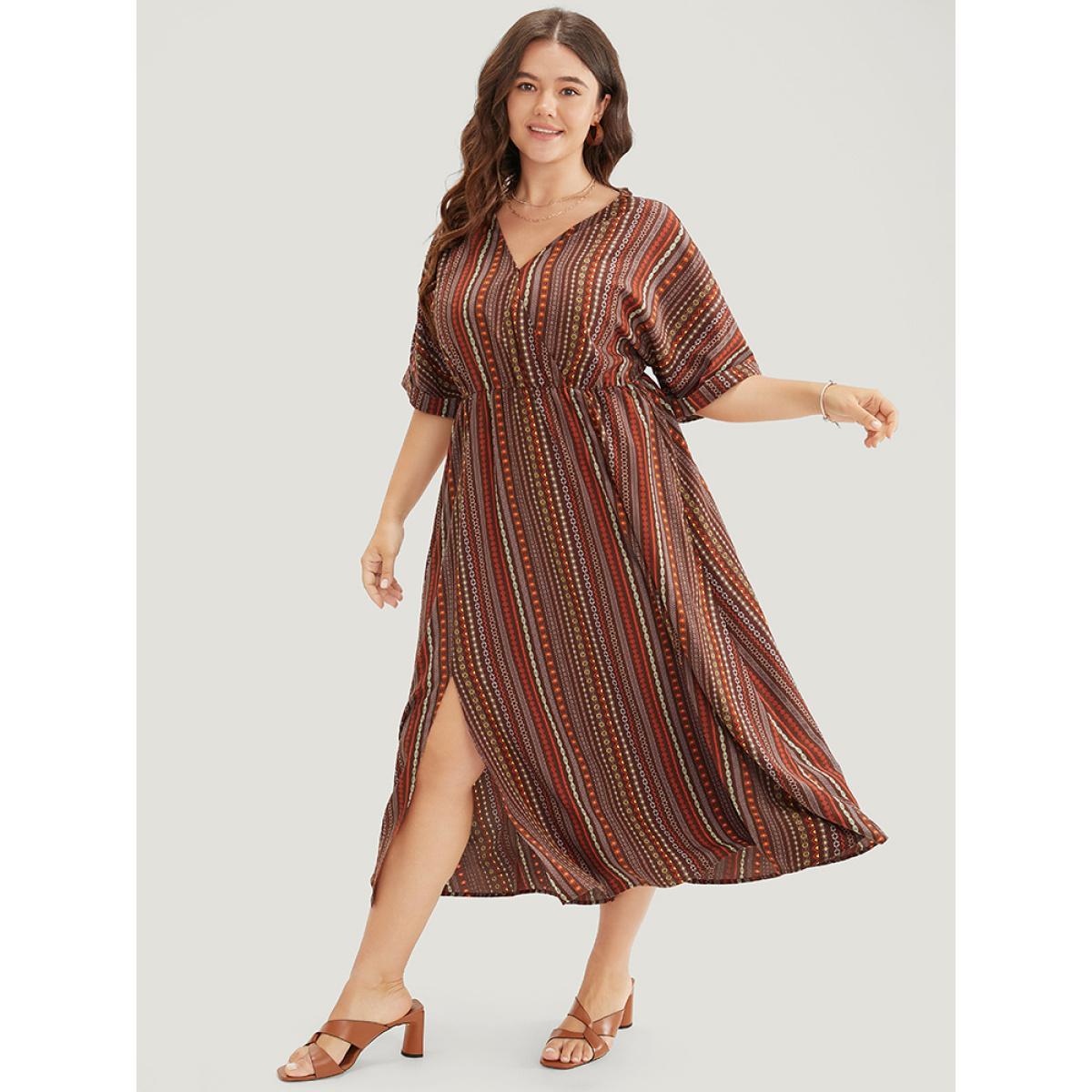 Plus Size Striped Geometric Dolman Sleeve Pocket Split Surplice Neck Ruffle Dress Brown Women Vacation Pocket Cold Shoulder Short sleeve Curvy Midi Dress BloomChic 14-16/1X Product Image